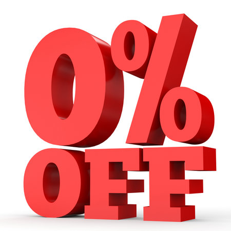 Zero percent off. Discount 0 %. 3D illustration on white background.