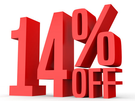 Fourteen percent off. Discount 14 %. 3D illustration on white background.