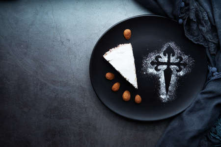 Still life of Santiago cake with confectioners sugar Food concept. Dessert of Santiago de Compostela. Spainの写真素材