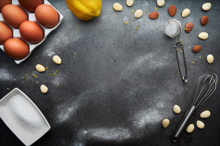 Still life of elaboration of a cake with ingredients. Food concept. Dessert. Santiago cake. Step 1