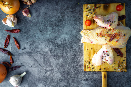 Preparation of raw chicken on cutting board with species and ingredients with copy space