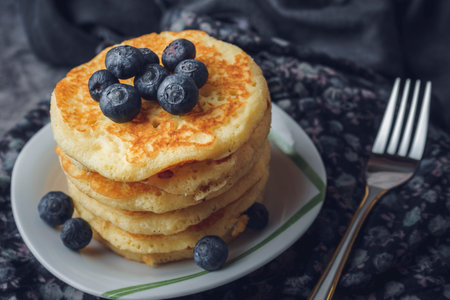 Blueberry pancakes. Breakfast Pancakes with fruitの写真素材