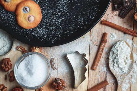 Baking background. Ingredients for cooking baking. Top View, no peopleの写真素材