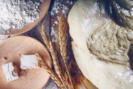 Fermented bread with spikes of wheat, flour and yeast. Traditional gastronomic concept
