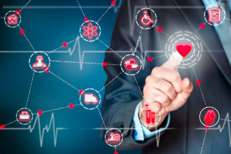 Businessman pressing a heart on a virtual screen. Health concept