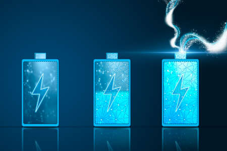 Three batteries in the process of charging, empty, medium and full load. Health, saving and eco concept.の写真素材
