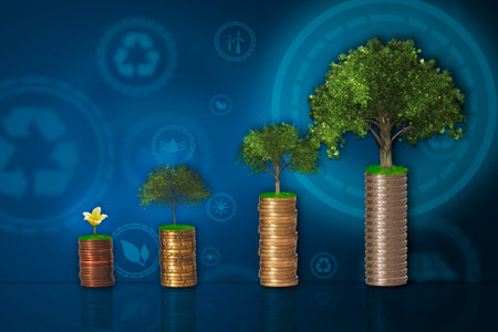 Stack of coins and tree growing in savings, income growth, business or family plan