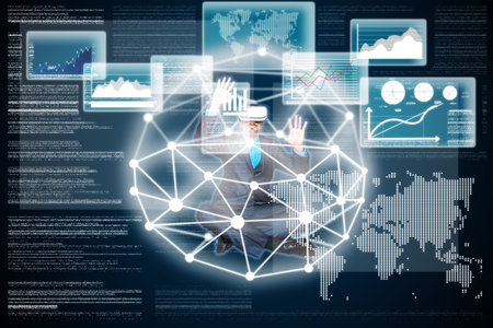 Business man with virtual glasses moving multiple virtual windows. Business, finance and technology...