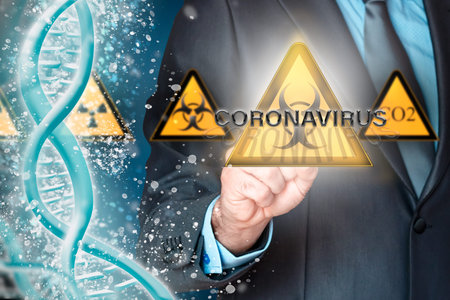 Businessman touching the danger symbol of the coronavirus. Virus that attacks the airways. Global...