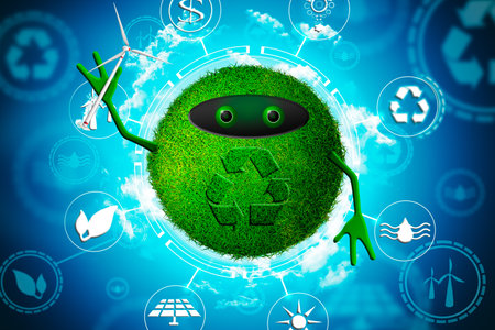 3D Illustration Green grass-covered robot recycling. Backdrop as a concept of energy efficiency. The...