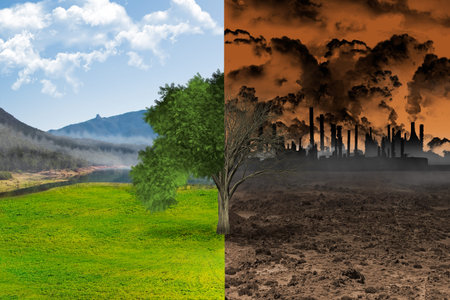 Life and death of a tree as a concept of global warming. Life vs destruction by pollution. Eco...