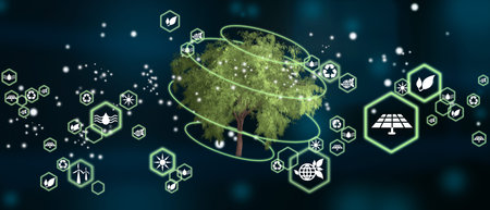 Tree as concept of renewable energies. Love solar energy in nature. Biodiversity sustainability. Eco concept, ecology, clean energy and environmentの写真素材
