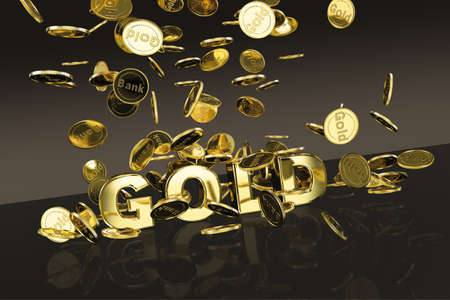 Gold coins falling onto a gold titleの写真素材