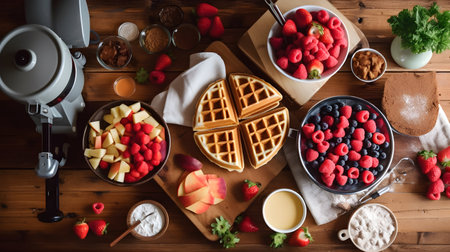 Top view of healthy waffle preparing, fruits, ingredients and waffle machine Generative AIの素材