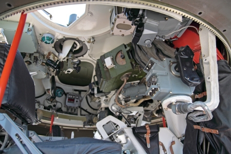 Monitors and promptings in an armoured troop-carrier tower, small depth of sharpnessのeditorial素材