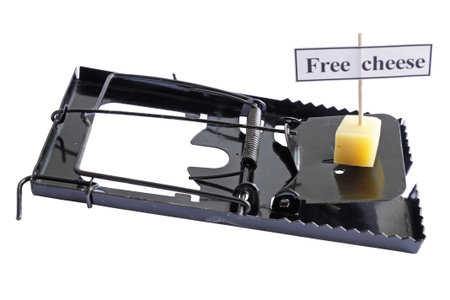 Metal mousetrap with cheese isolated on a white background
