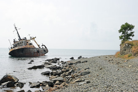 The thrown old ship has sat down on a bank