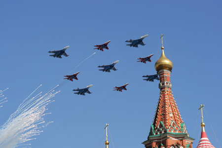 The group of planes flies by over Vasily s temple Blissful  Victory Day celebrating on May, 9th,...