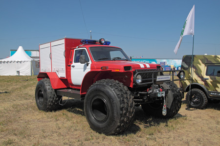 ZHUKOVSKY, RUSSIA - JUL 1: The IV international salon of arms and military technology. Engineering technologies international forum on Jul 1, 2010 in Zhukovsky. Fire-engine on the basis of the Lada Niva.のeditorial素材