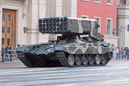 Moscow, Tverskaya street, 5 may 2010, military vehicles are going to pass on Red Square. The...