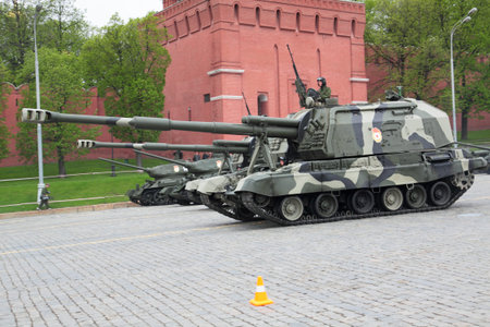 MOSCOW - MAY 6: Military vehicles go on Red Square, on May 6, 2010 in Moscow. The rehearsal is to...
