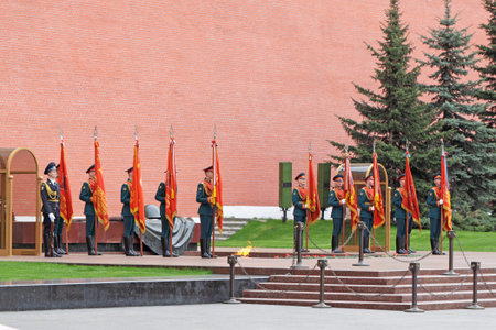 MOSCOW - MAY 6: The standard-bearers about Eternal flame and a Tomb of the Unknown Soldier in...