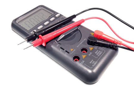 Digital multimeter with wires, isolated on a white backgroundの写真素材