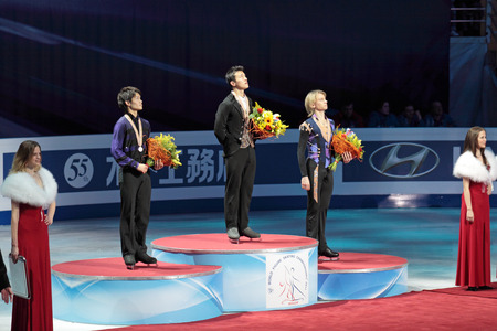 MOSCOW, RUSSIA - APR 28: World championship on figure skating 2011. Rewarding of winners of single man's competition on figure skating. Palace of sports "Megasport" on April 28, 2011 in Moscow. のeditorial素材
