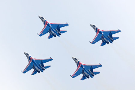 MOSCOW - MAY 06: Celebrations of the 20th anniversary of the flight groups Strizhi and Russian...