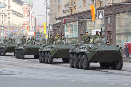 MOSCOW - MAY 07: Dress rehearsal of the 66th Anniversary of Victory Day (WWII) parade rehearse in...