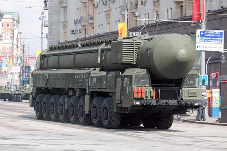 MOSCOW - MAY 07: Dress rehearsal of the 66th Anniversary of Victory Day (WWII) parade rehearse in Red Square on May 7, 2011 in Moscow, Russia. The event is held on May 9, 2011. The RT-2UTTKh «Topol-M» (NATO reporting name: SS-27 Sickle B)のeditorial素材