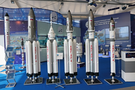 MOSCOW, RUSSIA - AUG 16: Russian Federal Space Agency Roscosmos. Angara rocket family at the International Aviation and Space salon MAKS. Aug, 16, 2011 at Zhukovsky, Russiaのeditorial素材