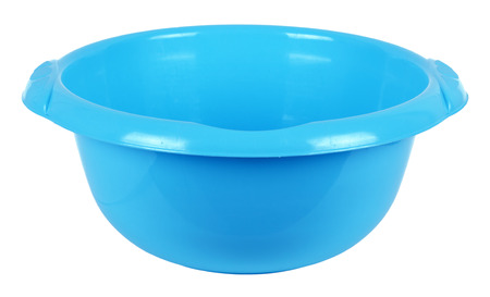 Blue plastic basin, isolated on a white backgroundの写真素材