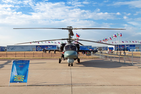 ZHUKOVSKY, RUSSIA - AUG 11: The opening ceremony of celebrating of the 100 anniversary of Russian air force. August, 11, 2012 at Zhukovsky, Russia. The Ka-52 «Alligator» - Russian combat helicopter commander's car army aviation and marine corpsのeditorial素材