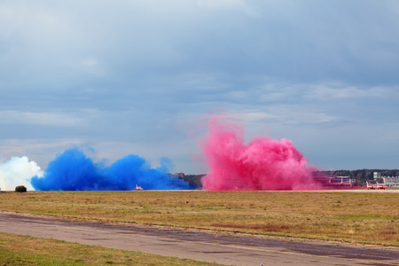 ZHUKOVSKY, RUSSIA  AUG 11: The opening ceremony of celebrating of the 100 anniversary of Russian air force. August, 11, 2012 at Zhukovsky, Russia. Aerobatic team Red Arrows Royal Air Force of United Kingdom is preparing to take off. Check of devices of sのeditorial素材