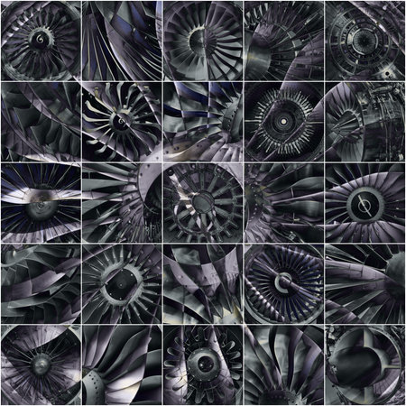 Abstract technogenic background of the engines of the plane, collage