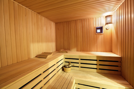 The interior of the sauna - shelves, window, lamp, nobodyのeditorial素材