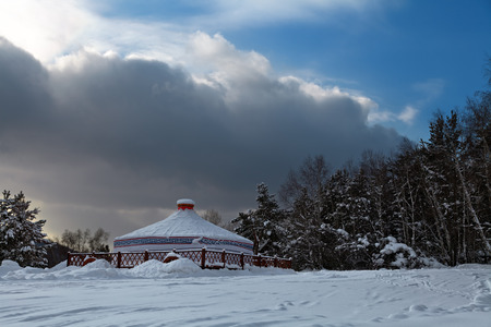Buryat yurts on the edge of the forest, Siberia, Russia, eveningの写真素材