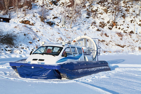 Hovercraft transport on the frozen lake Baikal, Siberia, Russiaの写真素材