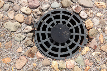 A round grille sewage wells to drain rain and melt waterの写真素材