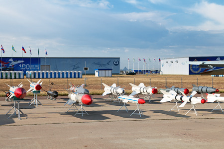 ZHUKOVSKY, RUSSIA - AUG 11: The opening ceremony of celebrating of the 100 anniversary of Russian air force. August, 11, 2012 at Zhukovsky, Russia. Models of aviation armament, missiles of various purposesのeditorial素材