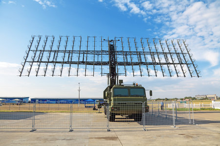 ZHUKOVSKY, RUSSIA - AUG 11: The opening ceremony of celebrating of the 100 anniversary of Russian air force. August, 11, 2012 at Zhukovsky, Russia. Mobile radar on the airfield Ramenskoeのeditorial素材