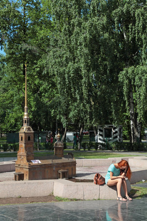 ST.-PETERSBURG - JUL 02: Alexander Park, sculptural group "Mini-city" - miniature copies of the main attractions of the city. The layout of the Peter and Paul fortress on Jul 02, 2013 in St.-Petersburg, Russia.のeditorial素材