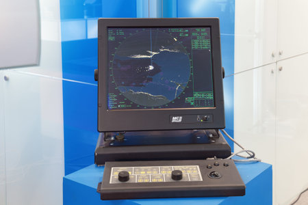 ST.-PETERSBURG - JUL 05: The system of processing, display and registration of radar data on International maritime defence show (IMDS-2013) on Jul 05, 2013 at Lenexpo exhibition complex in St.-Petersburg, Russiaのeditorial素材