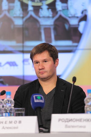 MOSCOW - APR 10: Alexei Nemov - the famous Russian gymnast on press-conference dedicated to the 2013 European Artistic Gymnastics Championships in Russian International News Agency (RIA Novosti) on April 10, 2013 in Moscow, Russia.のeditorial素材