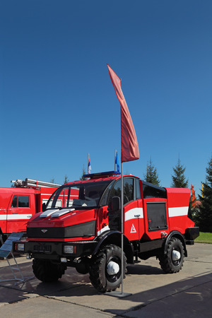 NIZHNY TAGIL, RUSSIA- AUG 22: Modern fire tank truck high flotation at exhibition RUSSIAN DEFENCE...