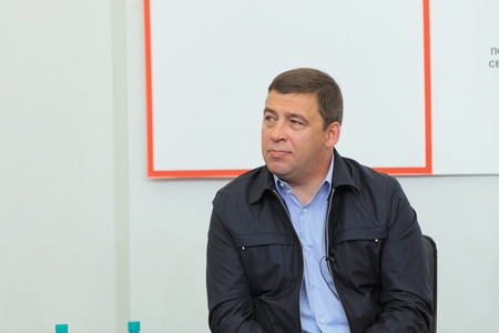 NIZHNY TAGIL, RUSSIA- AUG 24: Kuyvashev Evgeny Vladimirovich - Russian statesman, Governor of Sverdlovsk region at RUSSIAN DEFENCE EXPO 2012 on August, 24, 2012 at Nizhny Tagil, Russiaのeditorial素材