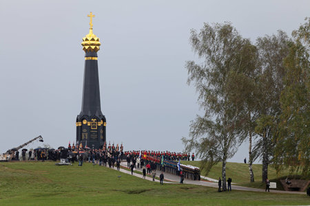 MOSCOW REGION, RUSSIA - SEP 02: The celebration of the 200th anniversary of the battle of Borodino in 1812. Vladimir Putin about the monument on the Rayevsky's redoubt on September 02, 2012 in Borodino, Russiaのeditorial素材
