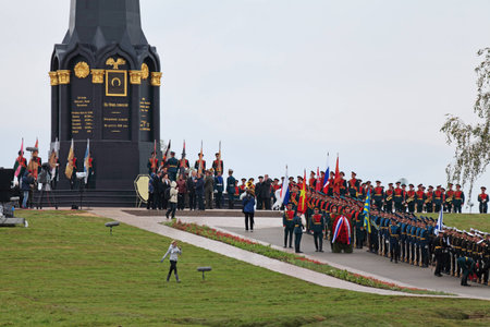 MOSCOW REGION, RUSSIA - SEP 02: The celebration of the 200th anniversary of the battle of Borodino in 1812. Preparation for the reception of the President of Russia about the monument on the Rayevsky's redoubt on September 02, 2012 in Borodino, Russiaのeditorial素材