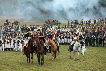 BORODINO, MOSCOW REGION - SEPTEMBER 01: Reenactment of the Borodino battle between Russian and French armies in 1812 at its 200th anniversary on September 01, 2012 in Borodino, Moscow Region, Russiaのeditorial素材